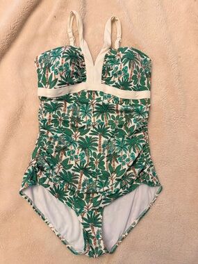Boden Green Palm-Print One-Piece Swimsuit with Cream Trim. Worn once